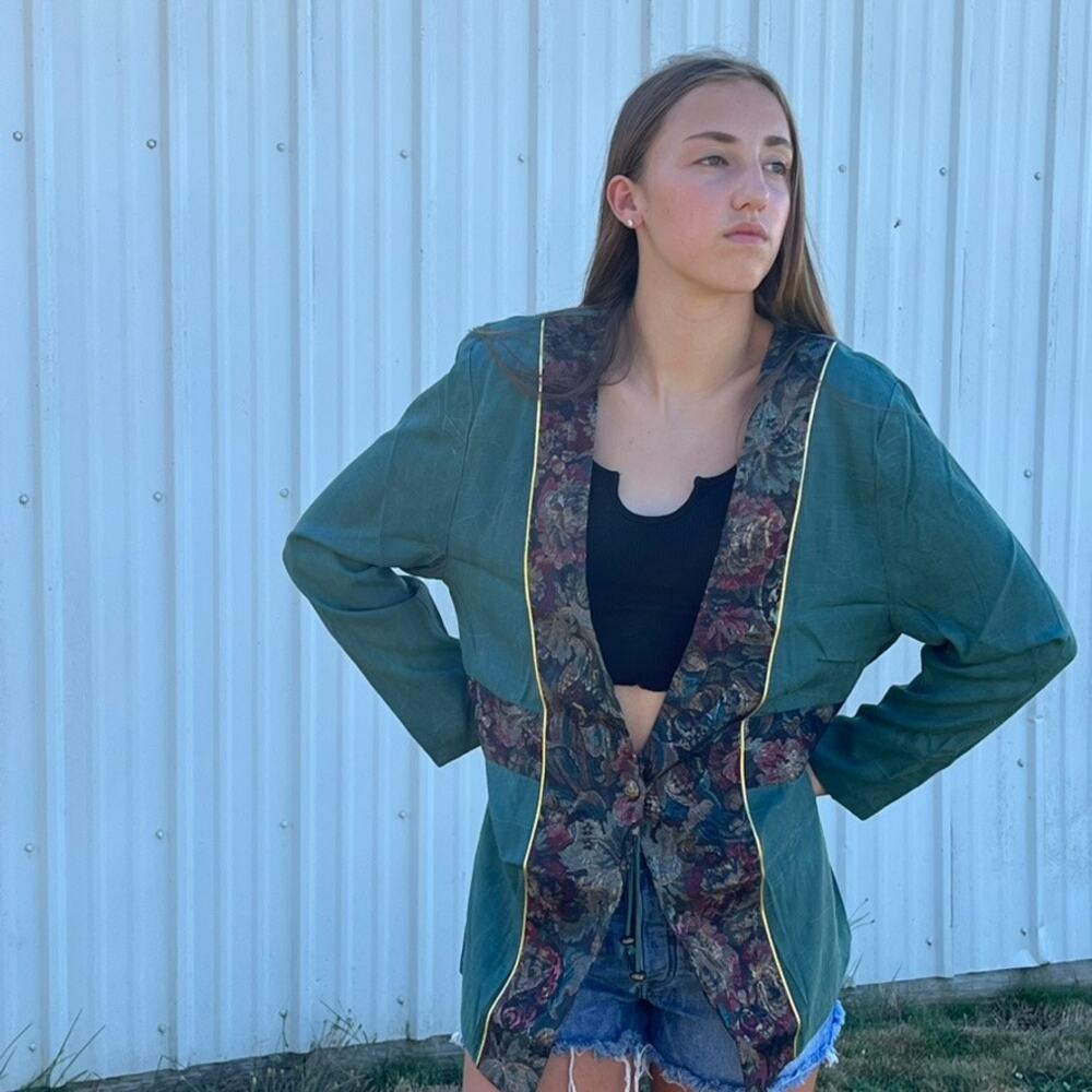 Romantic Blazer Jacket Lightweight Retro Chic Green with Faux Tapestry Trim